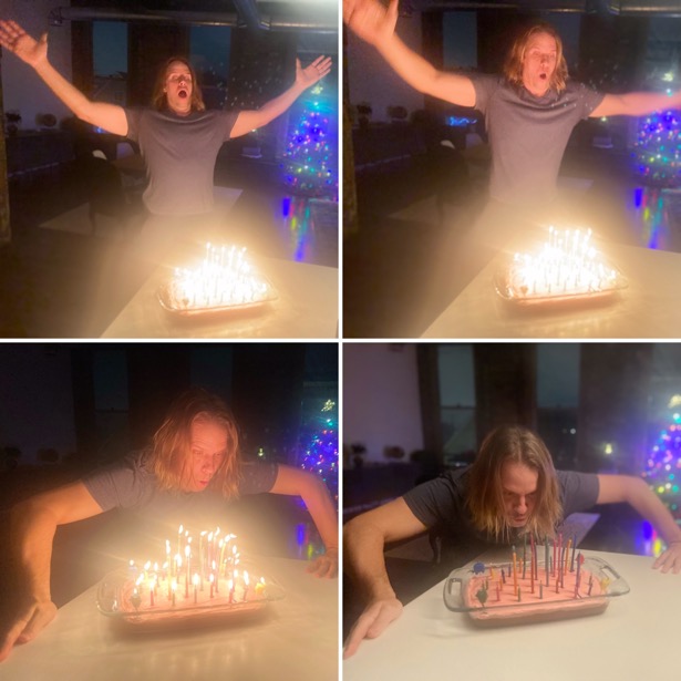 Jaacob Bowden blows out a bunch of birthday cake candles on his 45th birthday at home in Detroit, Michigan